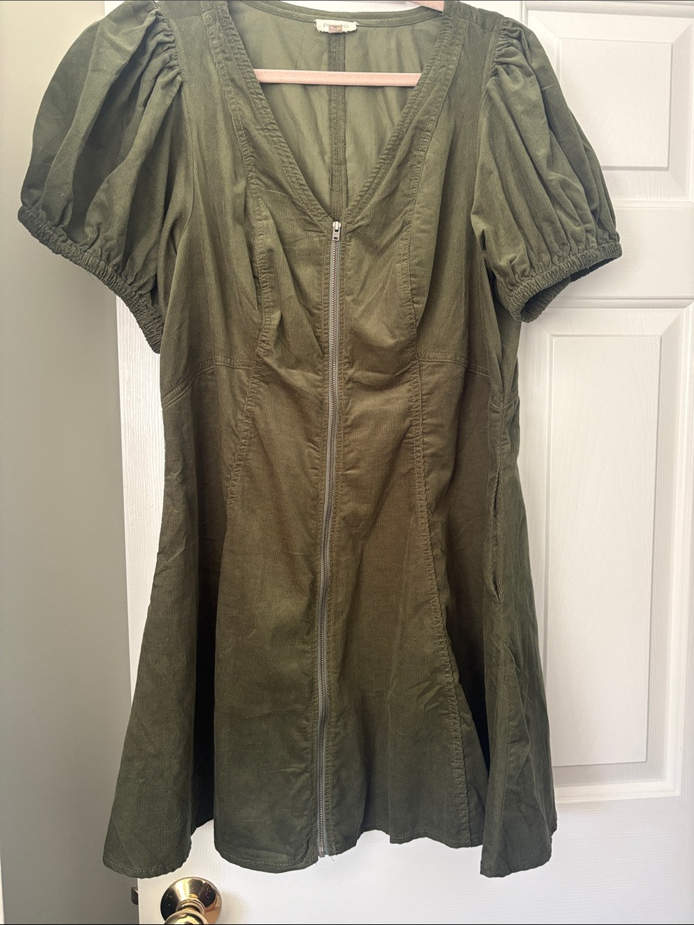 Anthropologie Olive Green Zip-Front Puff-Sleeve Dress